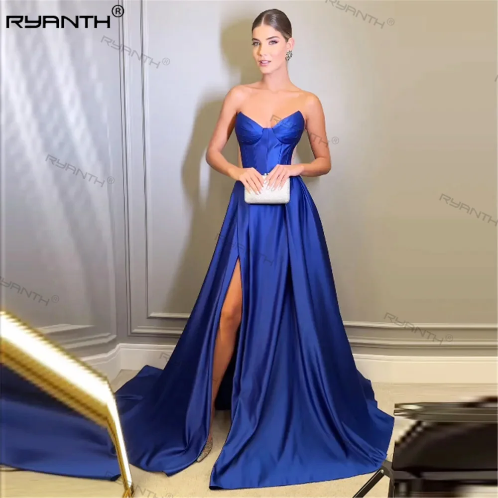 

Ryanth Royal Blue A-Line Side Slit Organza Prom Dresses V-Neck Women Formal Evening Dress Special Party Gowns Bridesmaid Dress