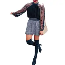 

Fashion Women Lace Mesh Transparent Tops Lantern Sleeve Lady Solid Color Turtleneck Long Sleeve Pullover Patchwork Female Shirt