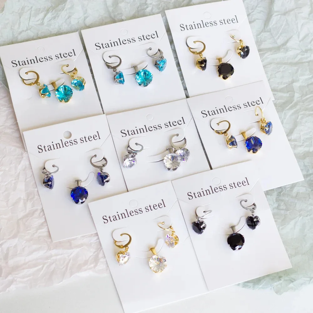 Square Crystal Pendant Necklace Earrings Set Stainless Steel Jewelry Set For Women Party Gift