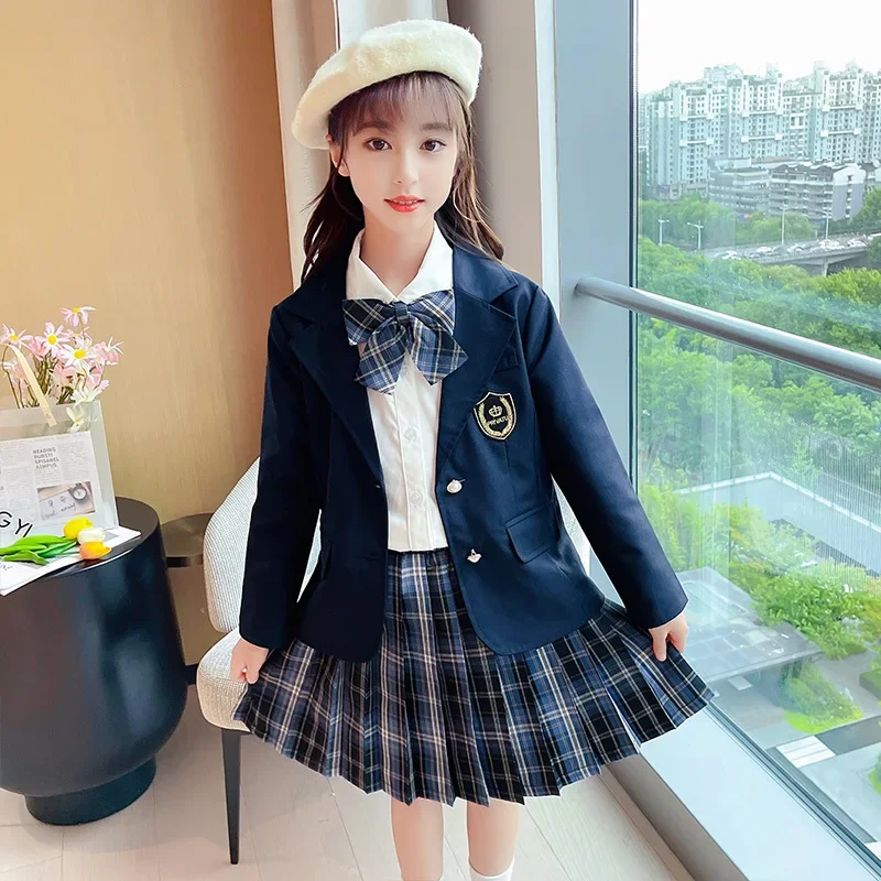 

School Kids Jacket+Shirt+Skirt 3pcs Suits for Girls Gift Bowknot England Style Girl Formal Wedding Blazer Suit Performance Suit