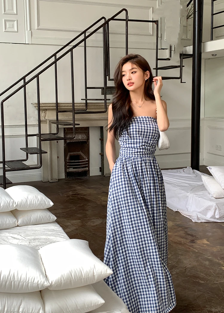 Casual Strapless Midi Dresses for Women Striped Sleeveless A-line Korean Chic Summer New Party Dress Vestidos Mujer