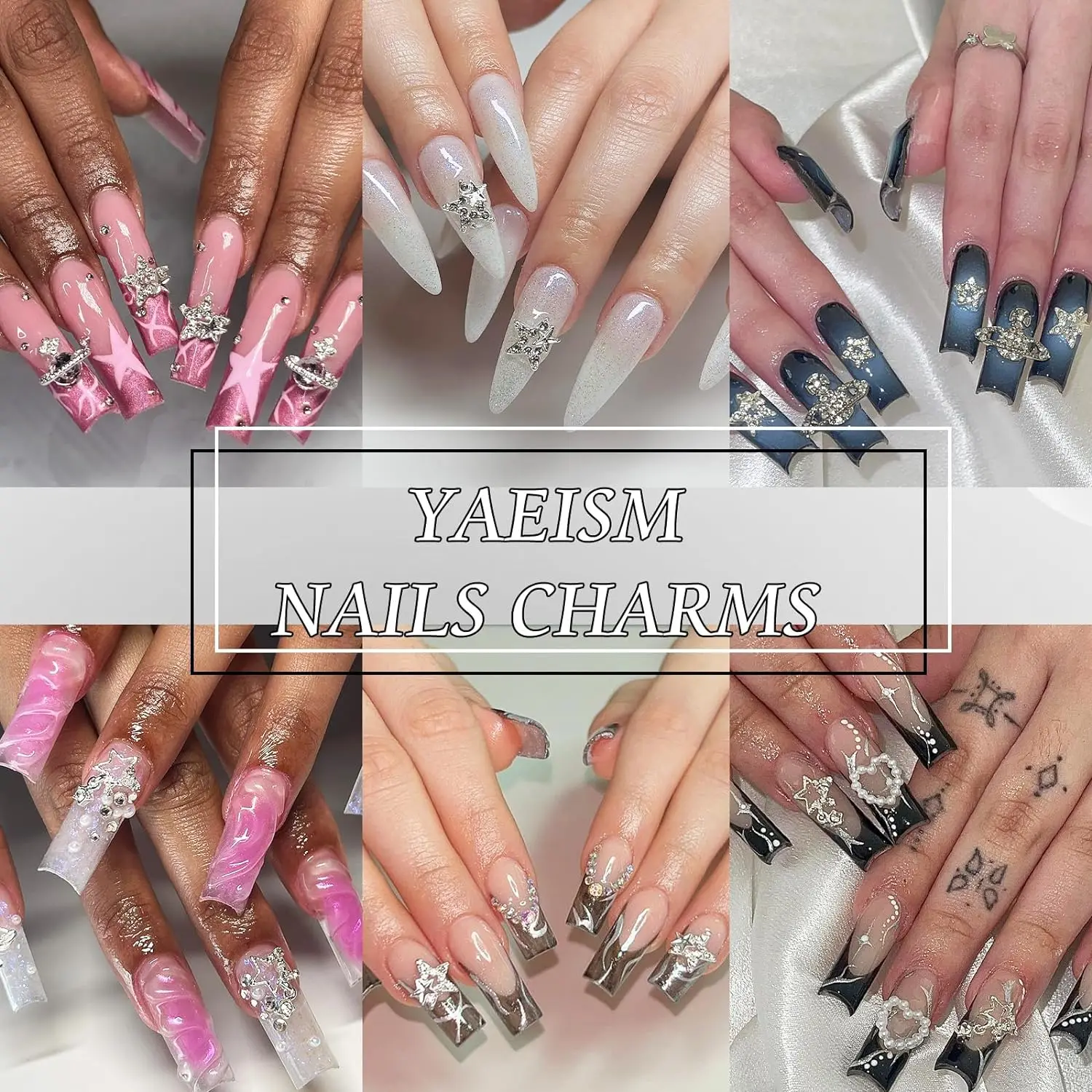 30PCS Star Nail Charms 3D Alloy Nail Art Charms 4 Styles Silver Stars Nail Rhinestones Crystal Pentagram Nail Gems for DIY Craft 4