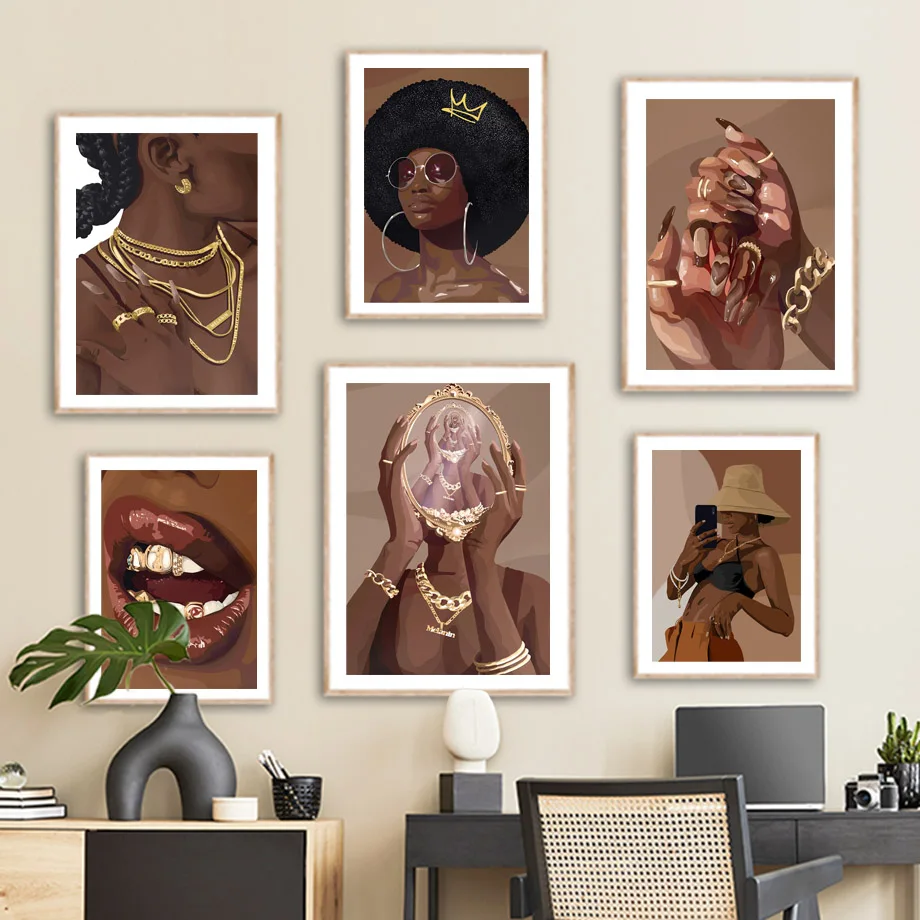 

Hip Hop Black Girl Man Rapper Gold Teeth Diamond Necklace Art Canvas Painting Prints Wall Pictures For Living Room Decor