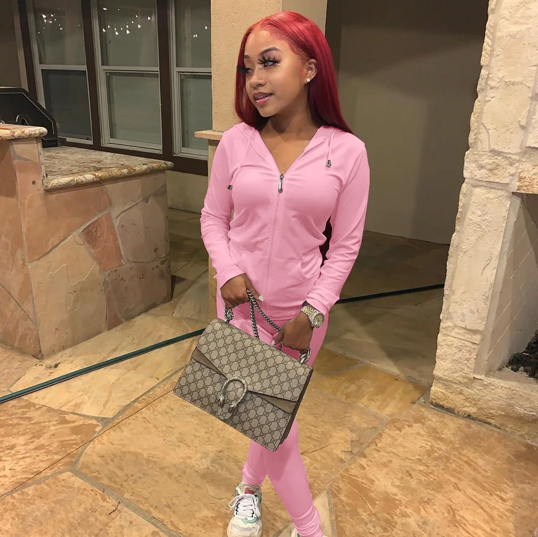 

Spring 2023 New Solid Color Women's Two-Piece Hooded Long-Sleeved Top And Casual Sweatpants Suit Lady Slim-Fit 2 Piece Set