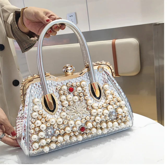 LV Louis vuitton fashion pearl diamond bee more letter print leather chain  handbag shoulder bag crossbody bag