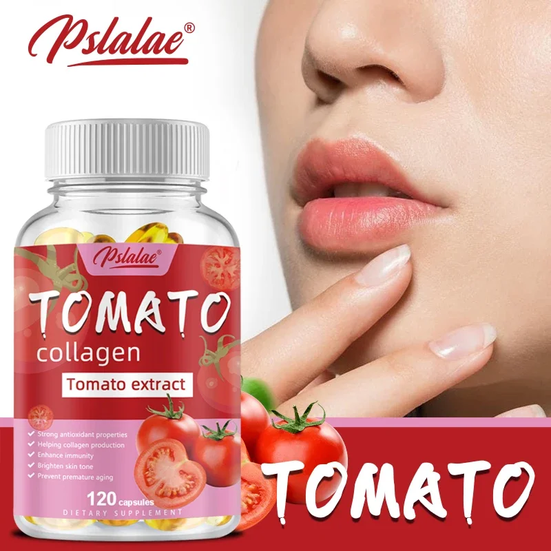 

Collagen capsules with vitamins and tomato extract, dietary supplement