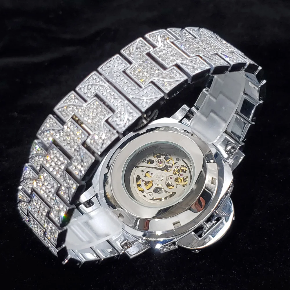 New Mechanical Watch For Men High End Silver Steel Hollow Auto Clock Luxury Diamond Hip Hop Waterproof Watches Men Dropshipping