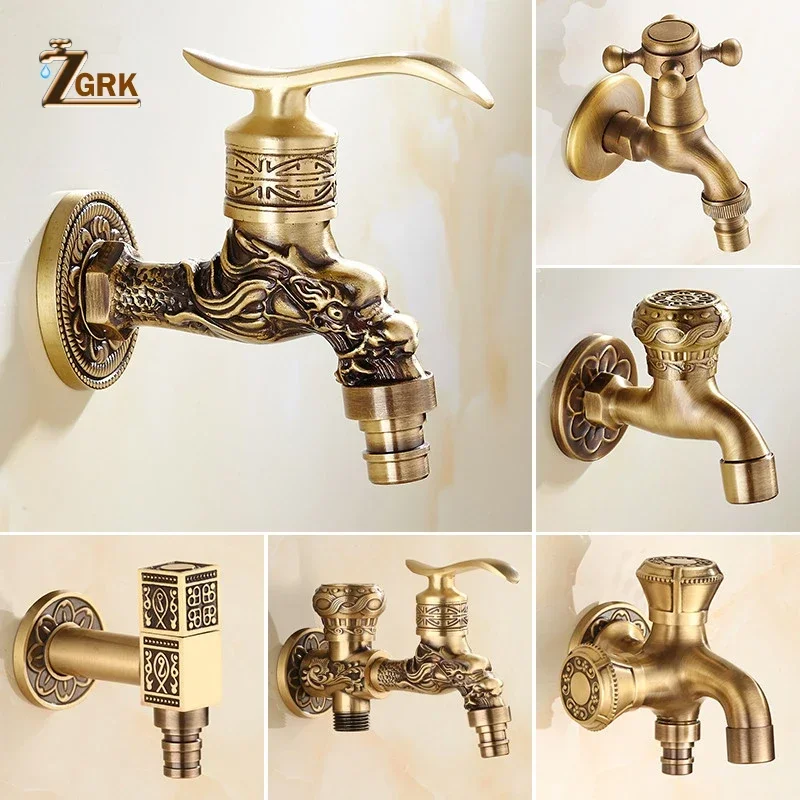 ZGRK Carved Wall Mount Bibcock Brass Retro Tap Decorative Outdoor Garden Taps Washing Machine Mop Luxury Antique WC Faucet garden bibcocks bathroom faucet washing machine faucet water tap faucet