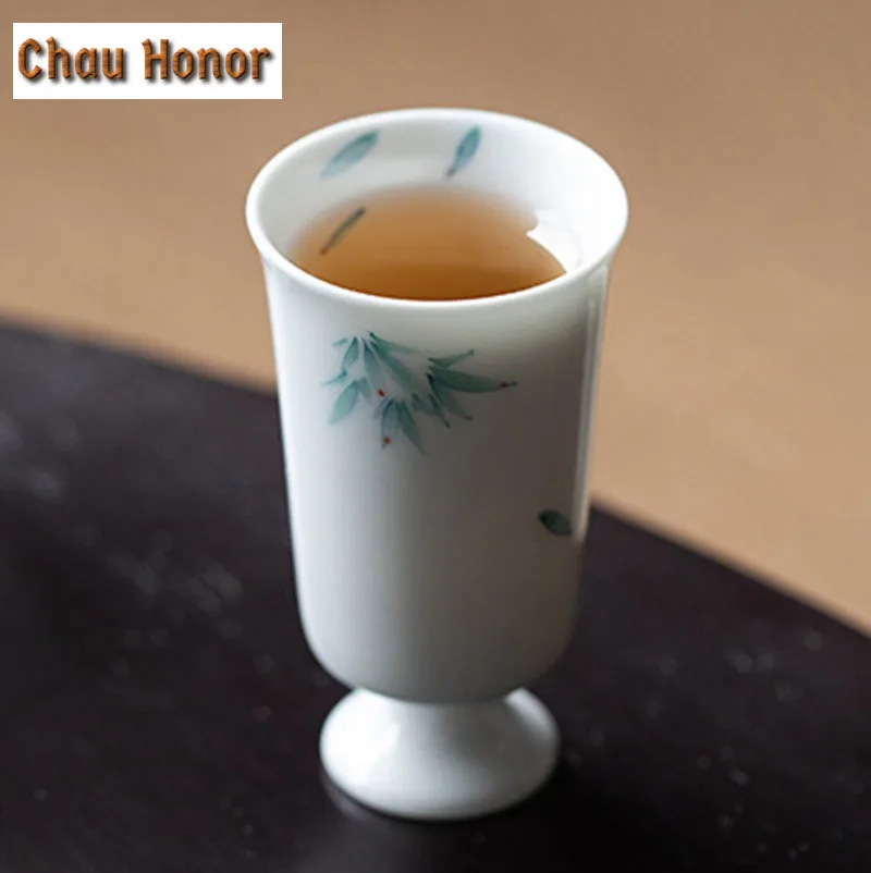 2pc/set Boutique Pure Hand Painted Bamboo Art Tea Cups White Porcelain Smelling Fragrant Mug Kung Fu Teaset High Foot Cup 40ml