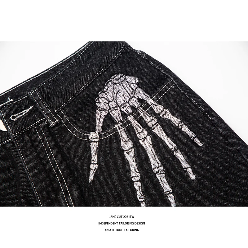 Jeans American Casual Printed Embroidered Skull Bones National Fashion High Street Hip Hop Loose Straight Wide Leg Mid HighWaist