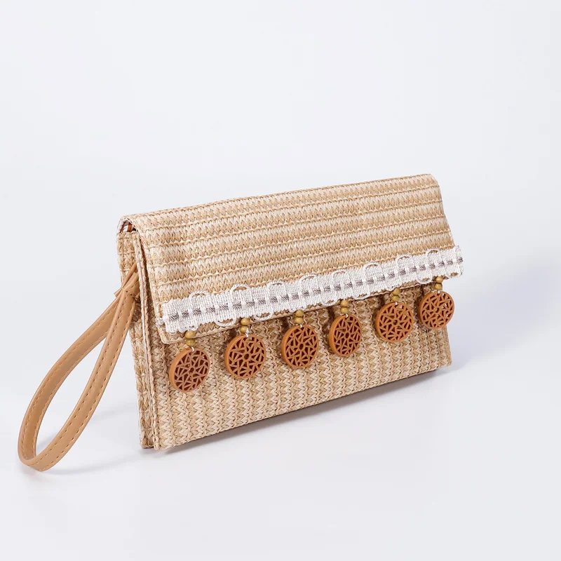 Rhinestone Tassel Straw Clutch Woman Fashion Woven Dinner Clip Bag Clutches Women's Summer Casual Vacation Phone Bag Coin Purse