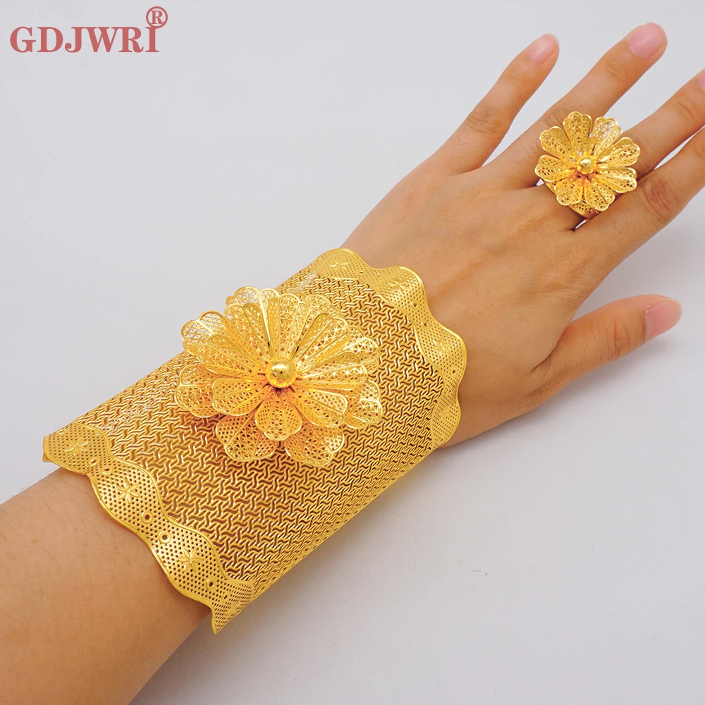 

France Chain Flower Bangle With Ring For Women Dubai Gold Color Moroccan Big Bracelet Indian Charm Arabic African Jewelry Gift