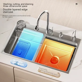 อ่างล้างจานสแตนเลสเม็ดลายนูนขนาดใหญ่ช่องเดียวในครัวเรือนล้างจานและผักอ่างล้างหน้าด้านซ้ายระบายน้ํา 2