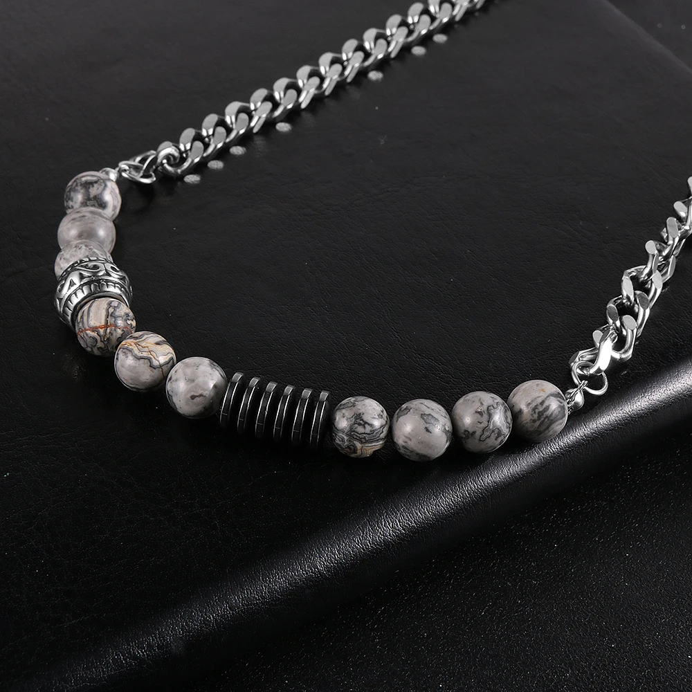 Nabest 11 Style Various Materials Natural Stone Stainles Steel Necklacess 8mm Bead Punk Fashion Jewelry for Men Women