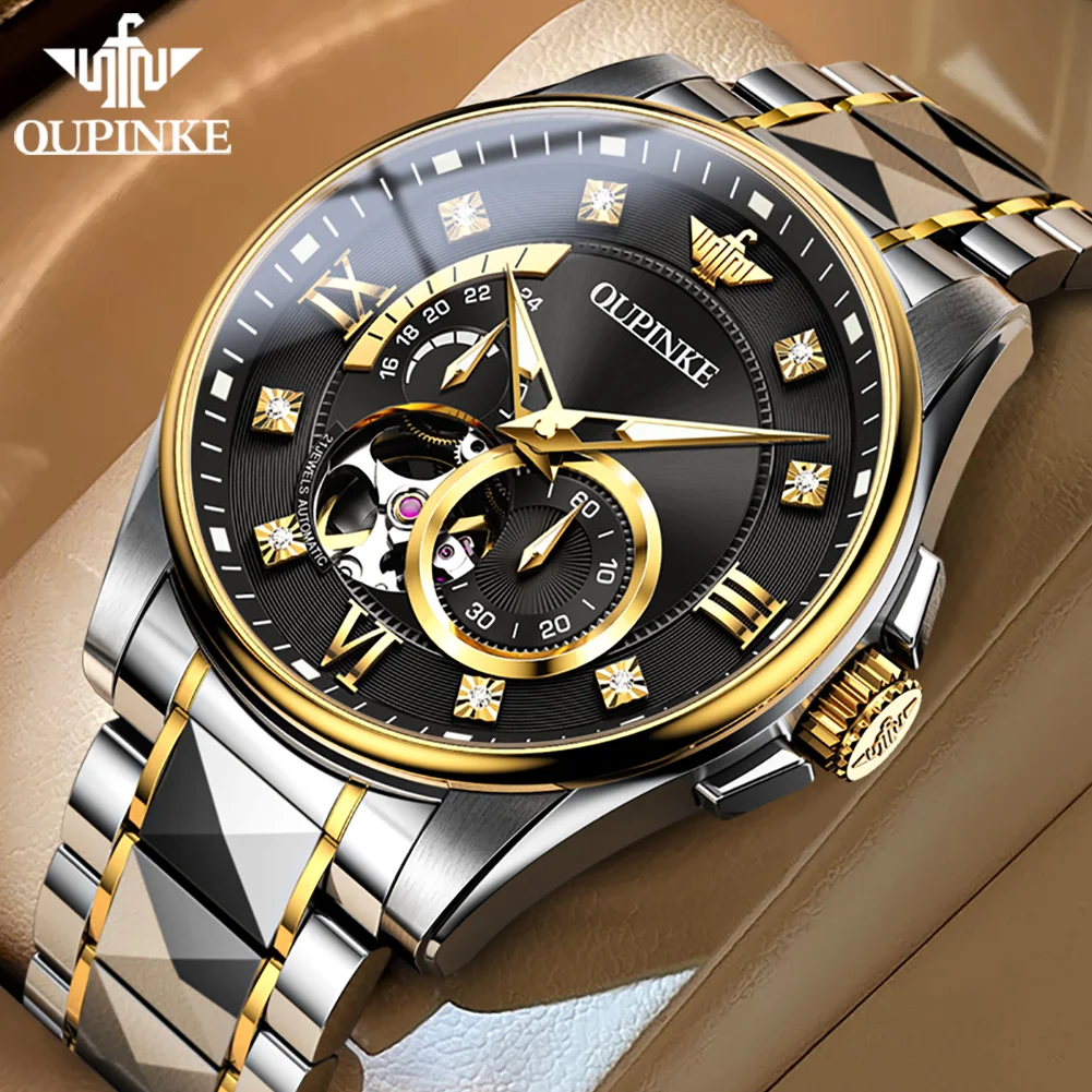 

OUPINKE Business Men Automatic Watch Luxury Tungsten steel Skeleton Self-Winding Watches Sapphire Swiss Mechanical Wristwatch