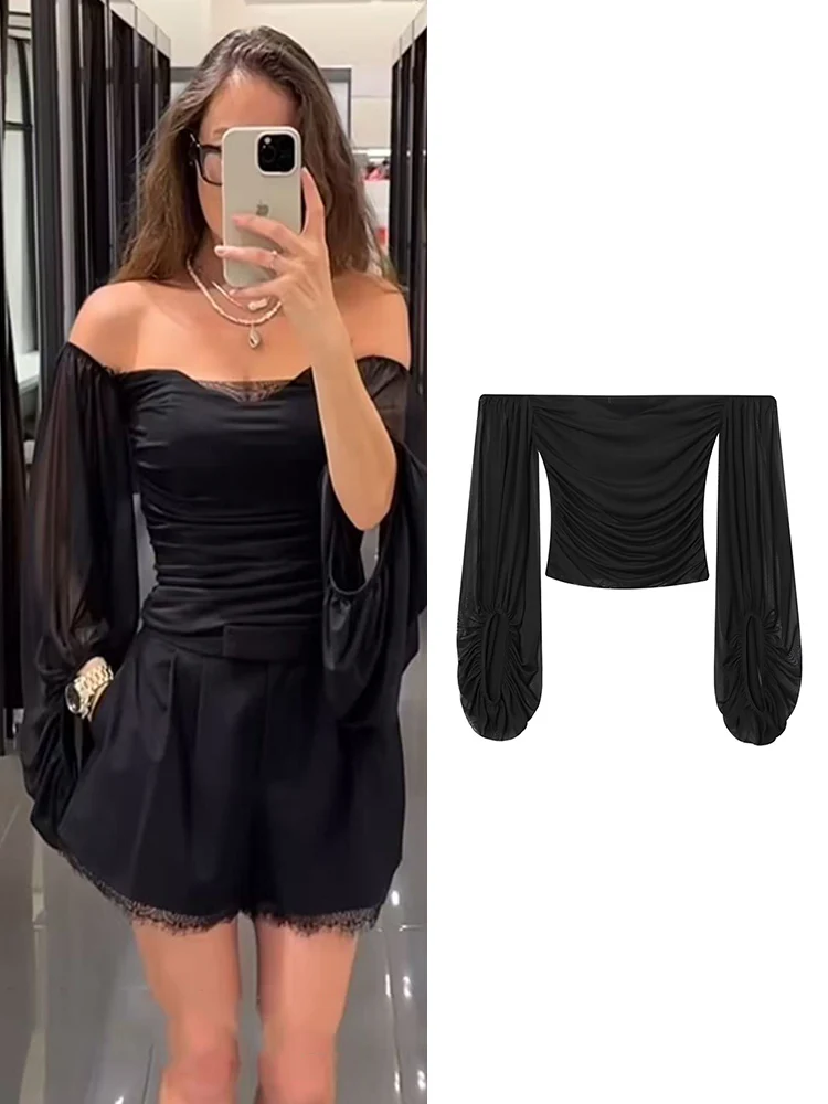 Women Long Sleeve Blouse Top Fashion Slash Neck  Sexy Slimming Folds Design Short Top 2026 New Solid Ladies Club Streetwear