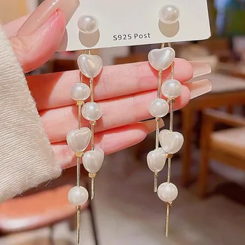 925 Silver Needle Korean Fashion Pearl Earrings For Women Jewelry 2025 Trending New Luxury Women's Heart Pearl Tassel Earrings