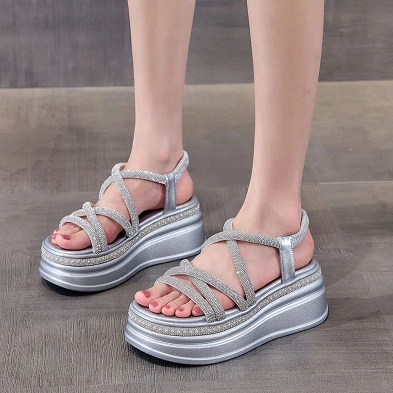 7cm Synthetic Rhinestone Slippers Luxury  Elegance Women Bling Leisure Fashion Summer Sandals Platform Wedge Flats Shoes