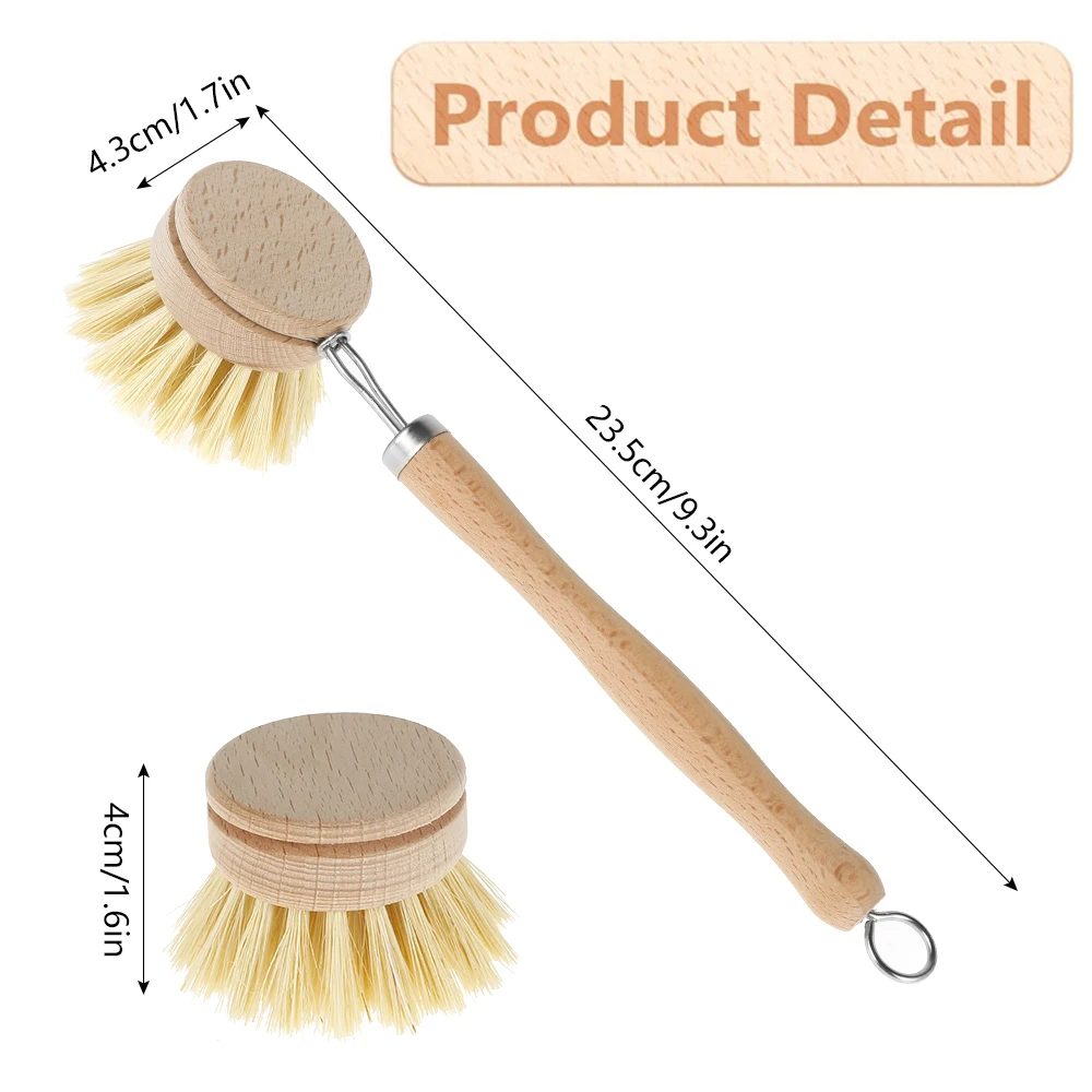 Kitchen Dish Brush Set Wooden Long Handle Pan Brush with 4 Replacement Brush Head kitchen scrubbing brush Pans Pot Brushing Tool 2