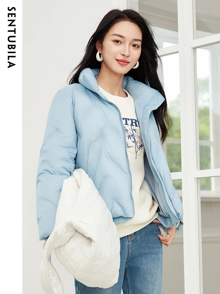 SENTUBILA Winter 90 White Duck Short Down Jacket Women 2023 Zipper Stand Collar Crop Down Coats Warm Puffer Jackets W34Y49505