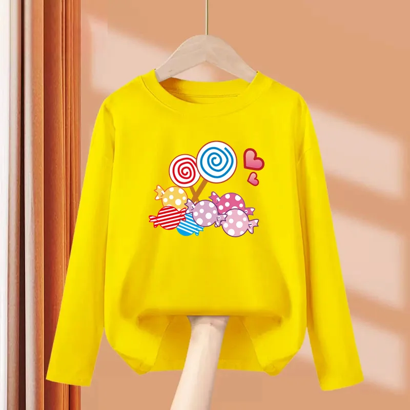 Little Girl Lollipop T-shirt Autumn Long Sleeved Tops Candy Cartoon Clothes Casual Round Neck Cotton Tees 3-14Y 4