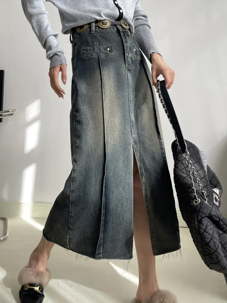 

High Waist Split Denim Long Skirt Women's Spring Summer New Korean Style Fashion Stitching Slim-Fit Commuter Clothing