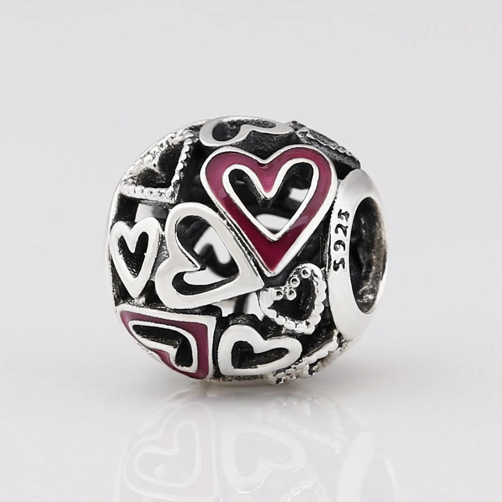 

Authentic 925 Sterling Silver Bead Pink Openwork Freehand Heart Charm Fit Pandora Women Bracelet Bangle Gift DIY Jewelry