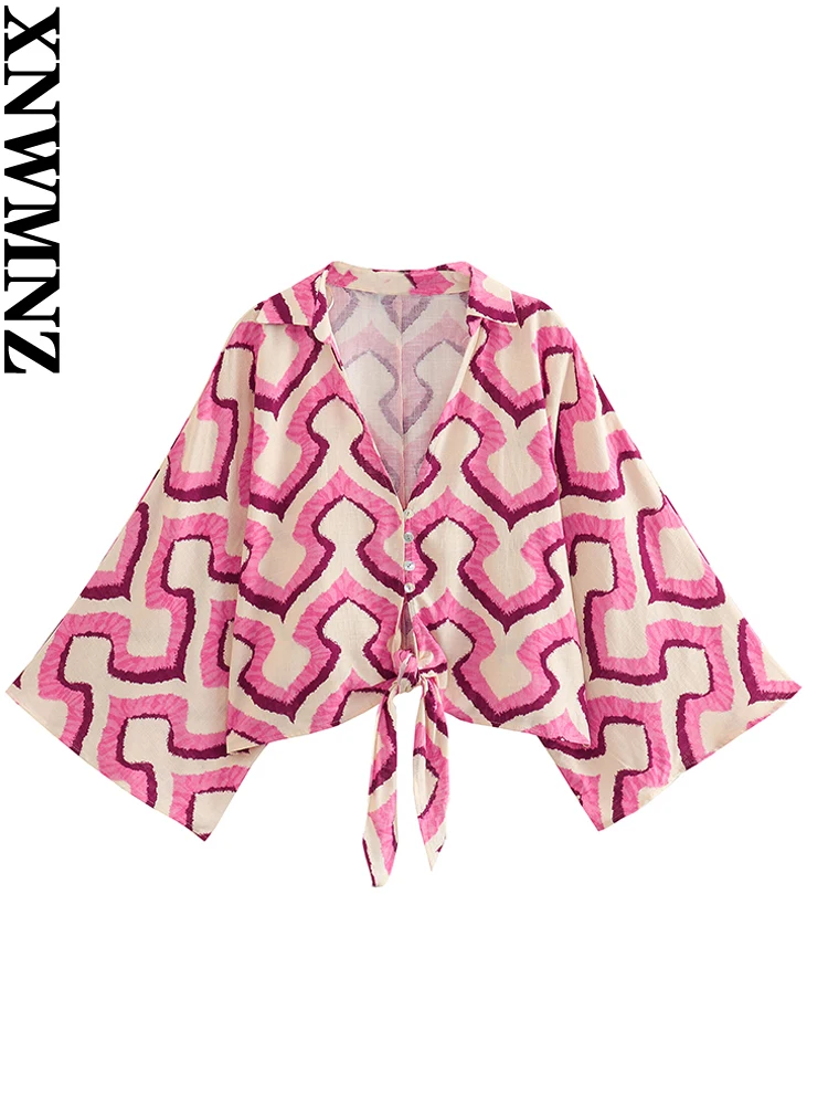 

XNWMNZ Women's Fashion 2023 Bow Print Blouse Women Vacation Style V-neck Long Sleeve Front Button Tie Female Chic Top