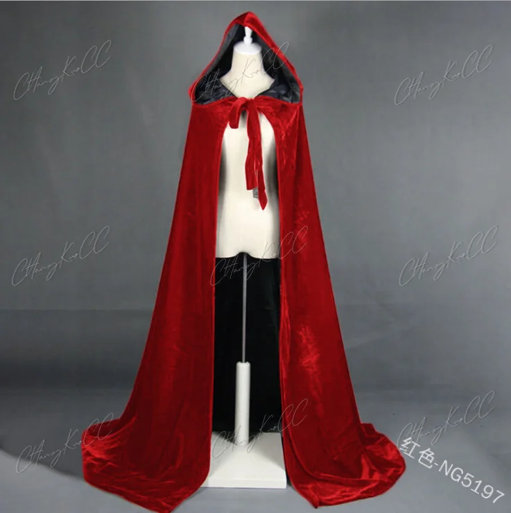 Hooded crush velvet Black and redロングマント - ジャケット
