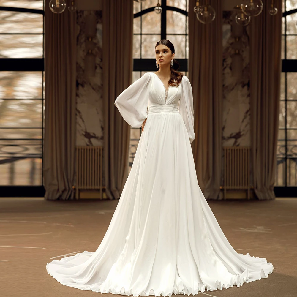 

Elegant Ivory Wedding Dresses For Woman V Neck Long Sleeves Bridal Gowns Sequined Pleat A-Line Sweep Train 2023 Весільна сукня