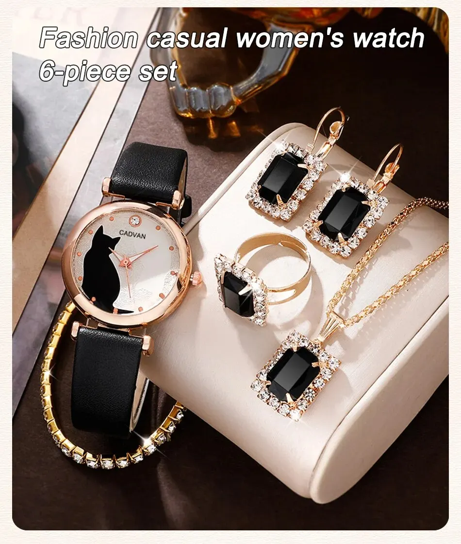 S29f3c3270a5d419c95c51736d8ef22d5P 6PCS Set Women Fashion Quartz Watch Female Clock Cute Cat Dial Luxury Brand Design Ladies Leather Wrist Watch Montre Femme Mallzona