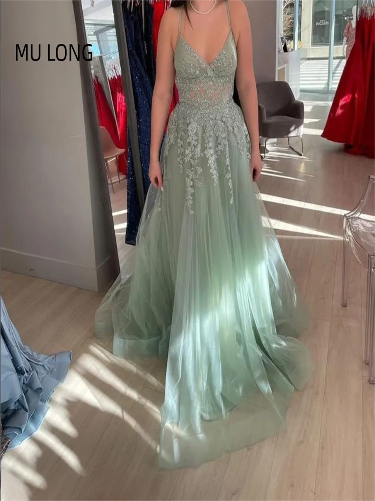 

MULONG Sexy Lace Tulle Appliques Evening Dresses V-Neck Long Prom Dresses Party Gowns Elegant Party Dresses For Women
