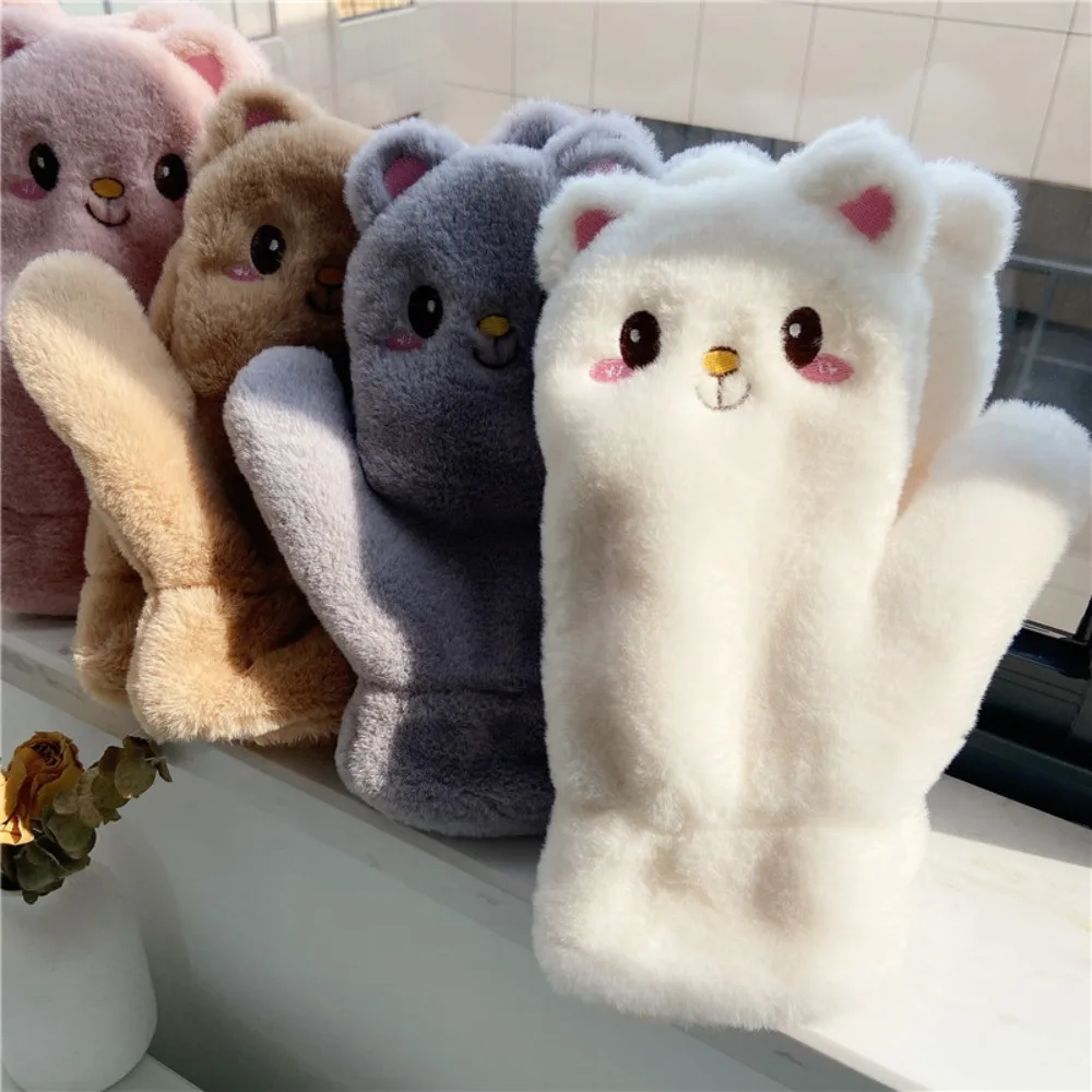 여성용 겨울 봉제 고양이 벙어리 장갑, 플러시 따뜻한 장갑, 부드러운 두꺼운 장갑, 유연한 반 손가락