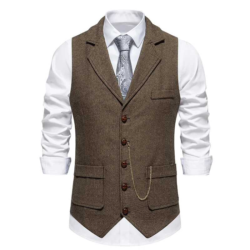 Men's Retro Lapel Chain Vest Fashion Herringbone Coarse Tweed Pockets Suit Vest British Casual Vintage Gentleman Leisure Party 4