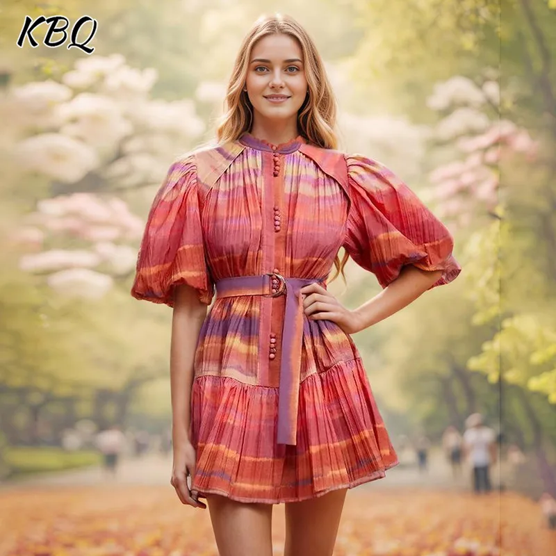 kbq-abito-formale-con-stampa-colorblock-per-donna-colletto-alla-coreana-manica-a-lanterna-cintura-impiombata-a-vita-alta-abiti-chic-moda-femminile