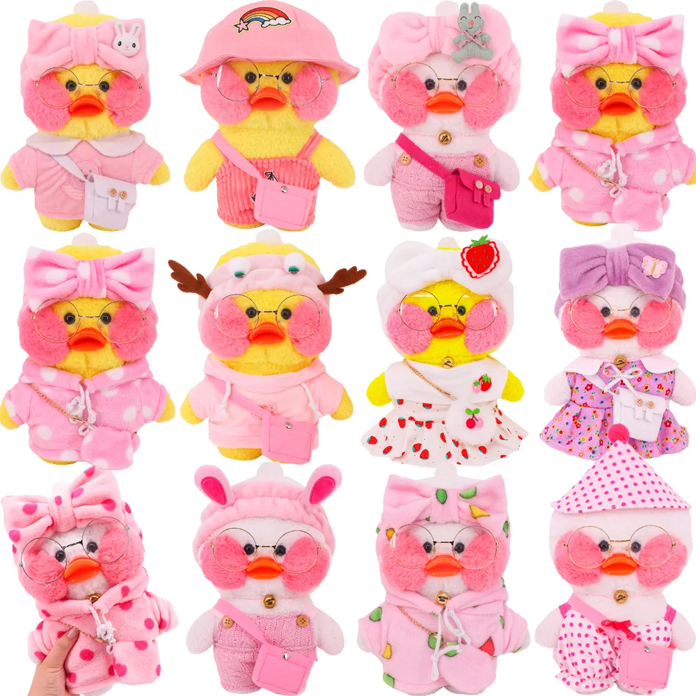 

4Pcs/Set Yellow Duck Clothes Accessories Sweater Plush Top Bag Glasses lalafanfan Plush Stuffed Animal Dolls Clothes Dress,Gifts