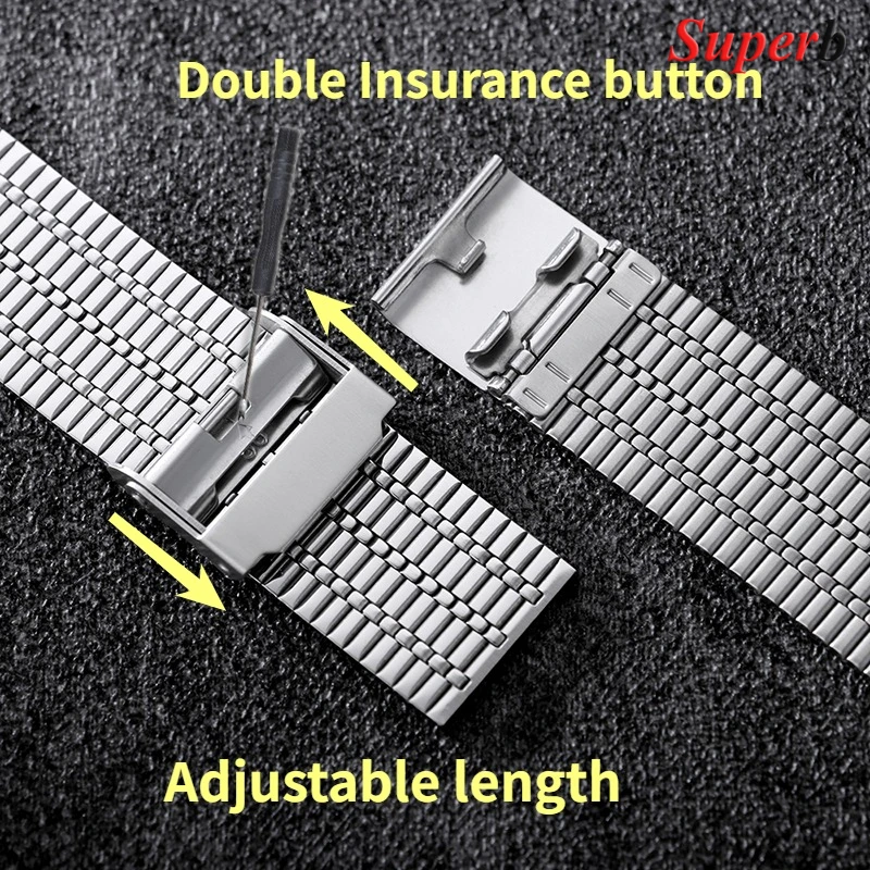 Slim Stainless Steel Watch Band with Quick Release and Double Safety Buckle