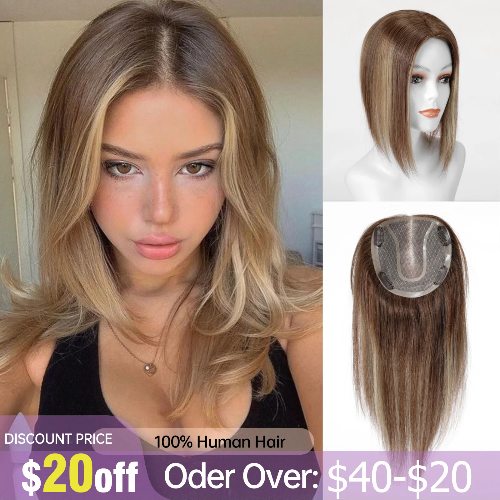 Human Hair Toppers Highlight Topper Human Hair Mono Base 12*13cm Hair Toppers For Women With Thinning Hand Made Topper Piece Clip In 14in