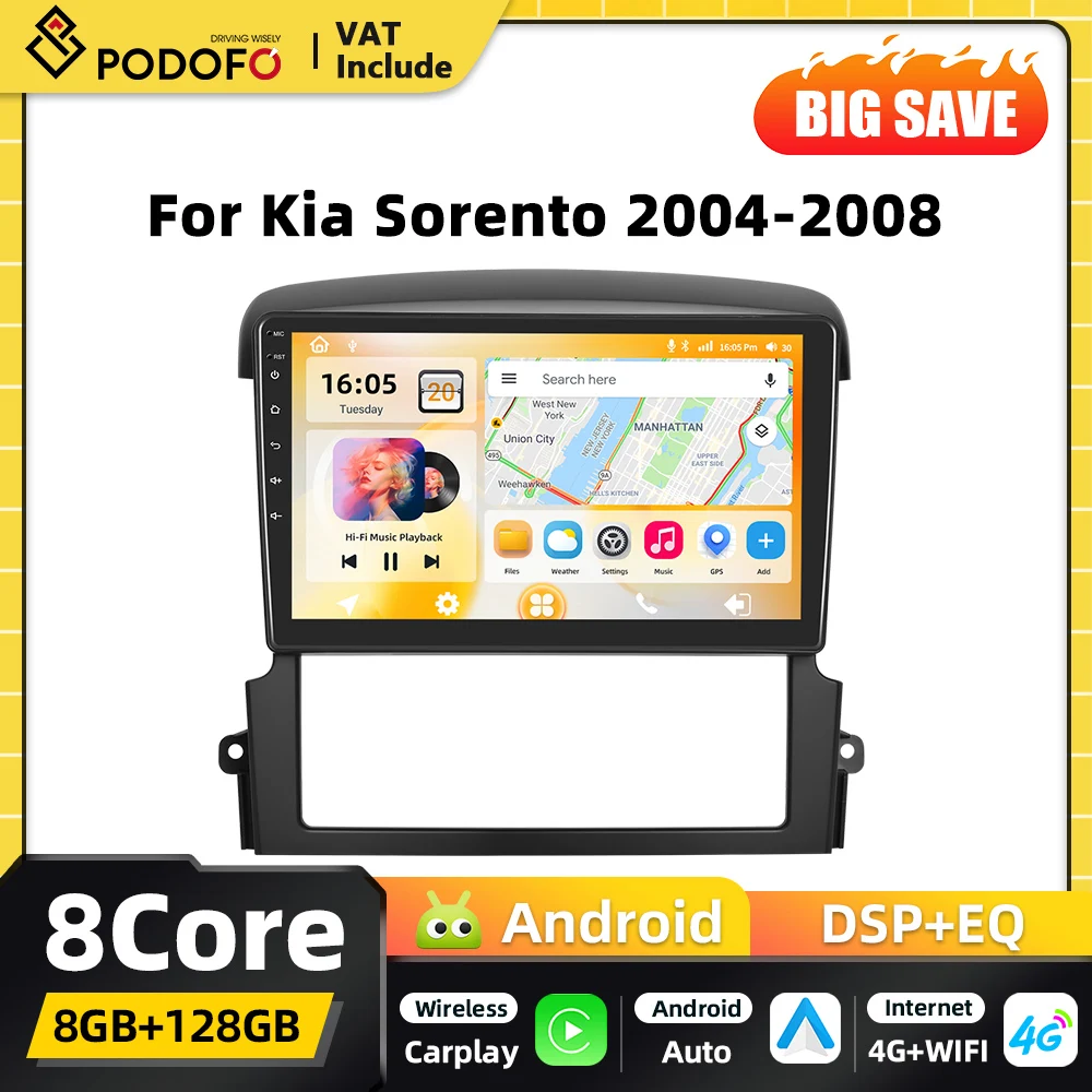 Reproductor Multimedia para Auto Android 2DIN Podofo Qualcomm Snapdragon de 8 Núcleos para Kia Sorento 2004 2005-2008 con Carplay, GPS, 4G, WIFI, FM y RDS 1