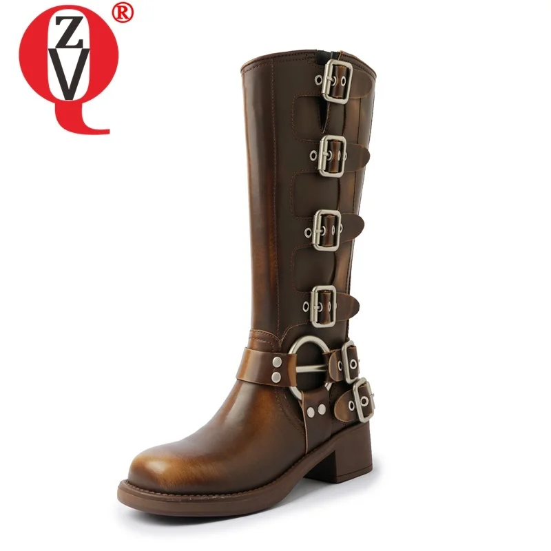 

ZVQ Woman Punk Style Knee High Boots Ladies Square Toe Buckles Decoration Slip-On High Heels Handmade Brand Winter Street Shoes