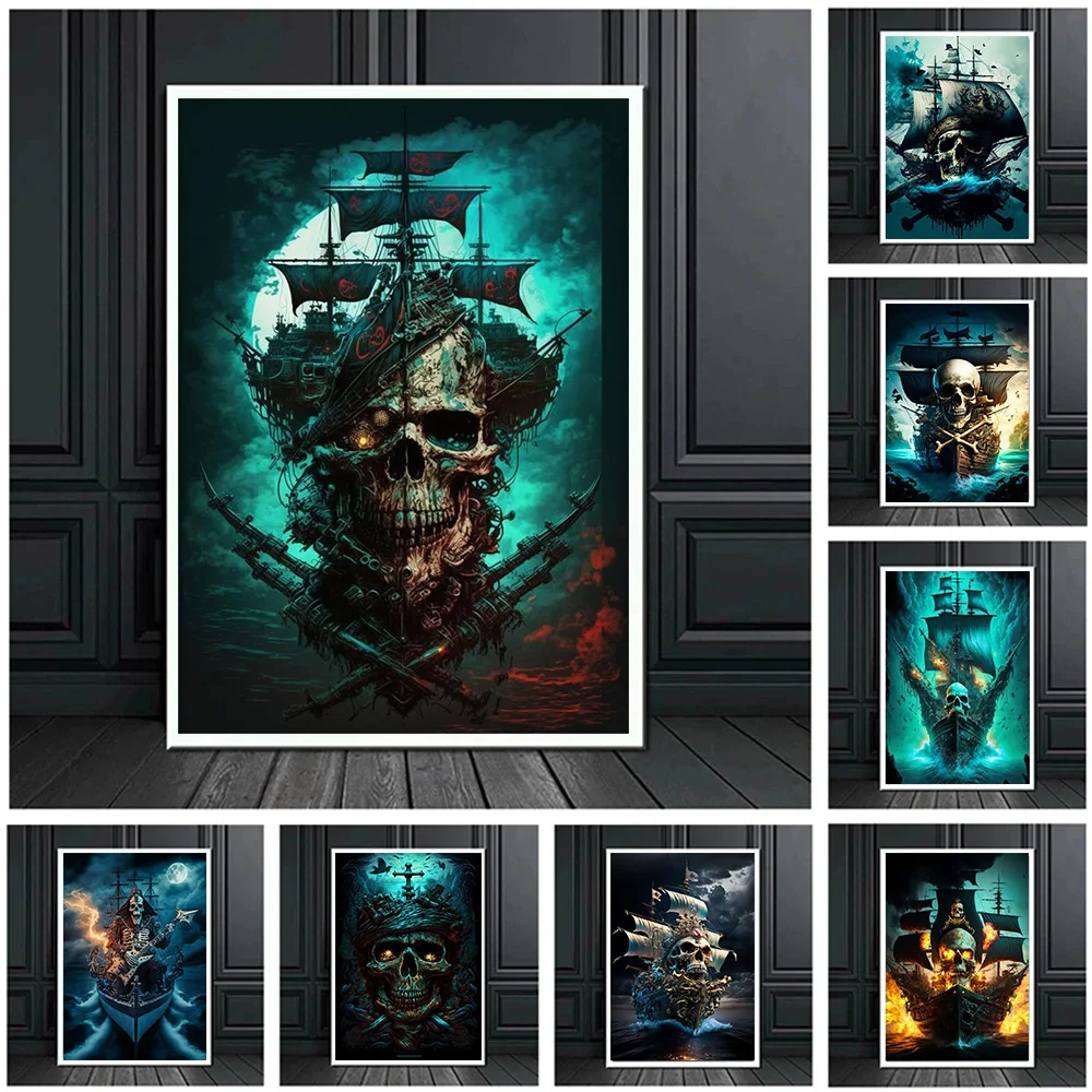 

Gothic Skull Pirate Ship Poster Prints For Living Room Home Decor Dark Academia Horror Ghost Ship Canvas Painting Wall Art