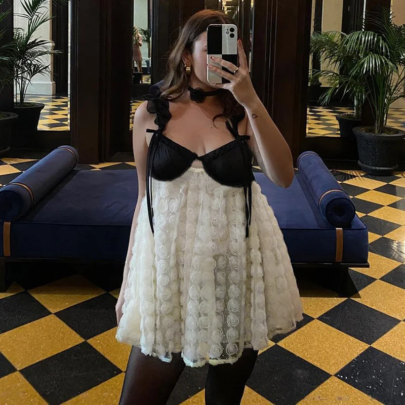 Vestido Fantoye de encaje transparente con retazos para mujer, minivestido sexy con tirantes finos en color albaricoque, informal, holgado, para primavera 2025
