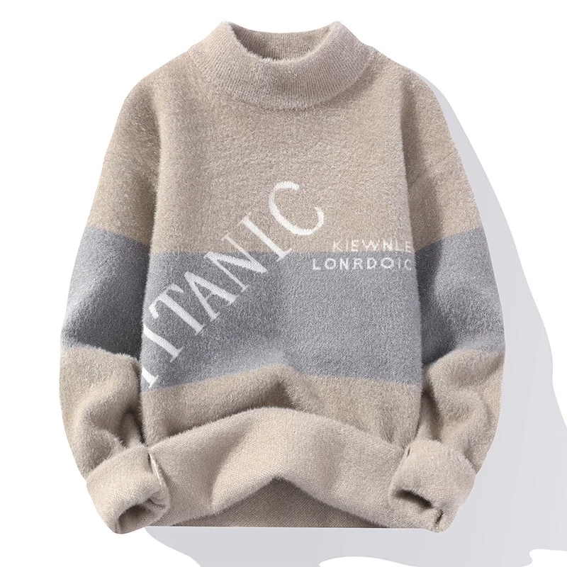

#5913 Autumn Winter Sweaters Men Letters Slim Warm Knitted Sweater Pullovers Harajuku Knitwear Men's Sweater Green Grey Khaki