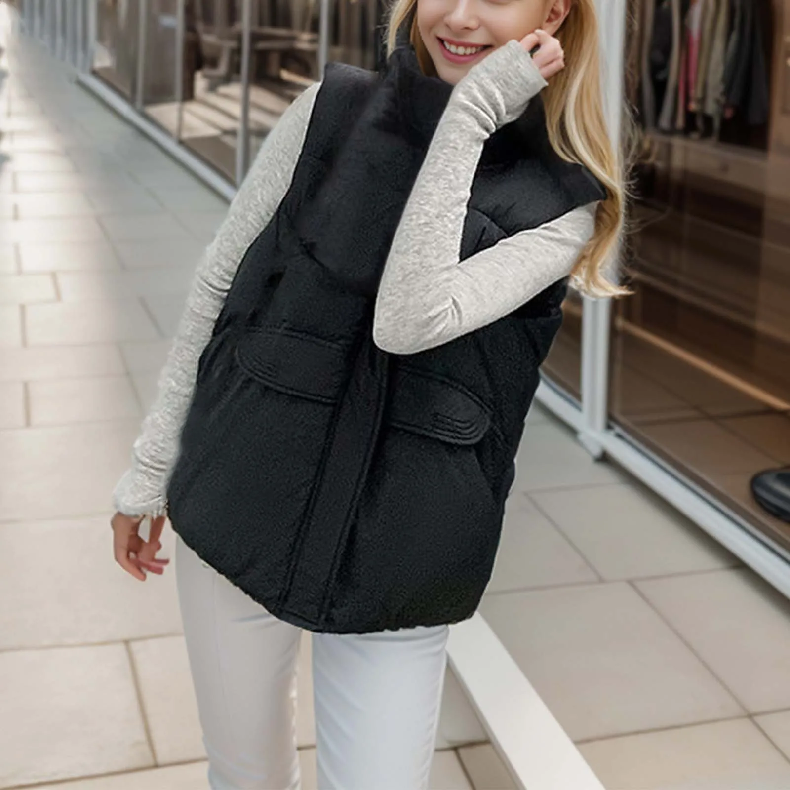 

Women's Solid Color Cotton Vest Short Style For Autumn/Winter Sleeveless Bread Coat Loose Fit Vest Outerwear