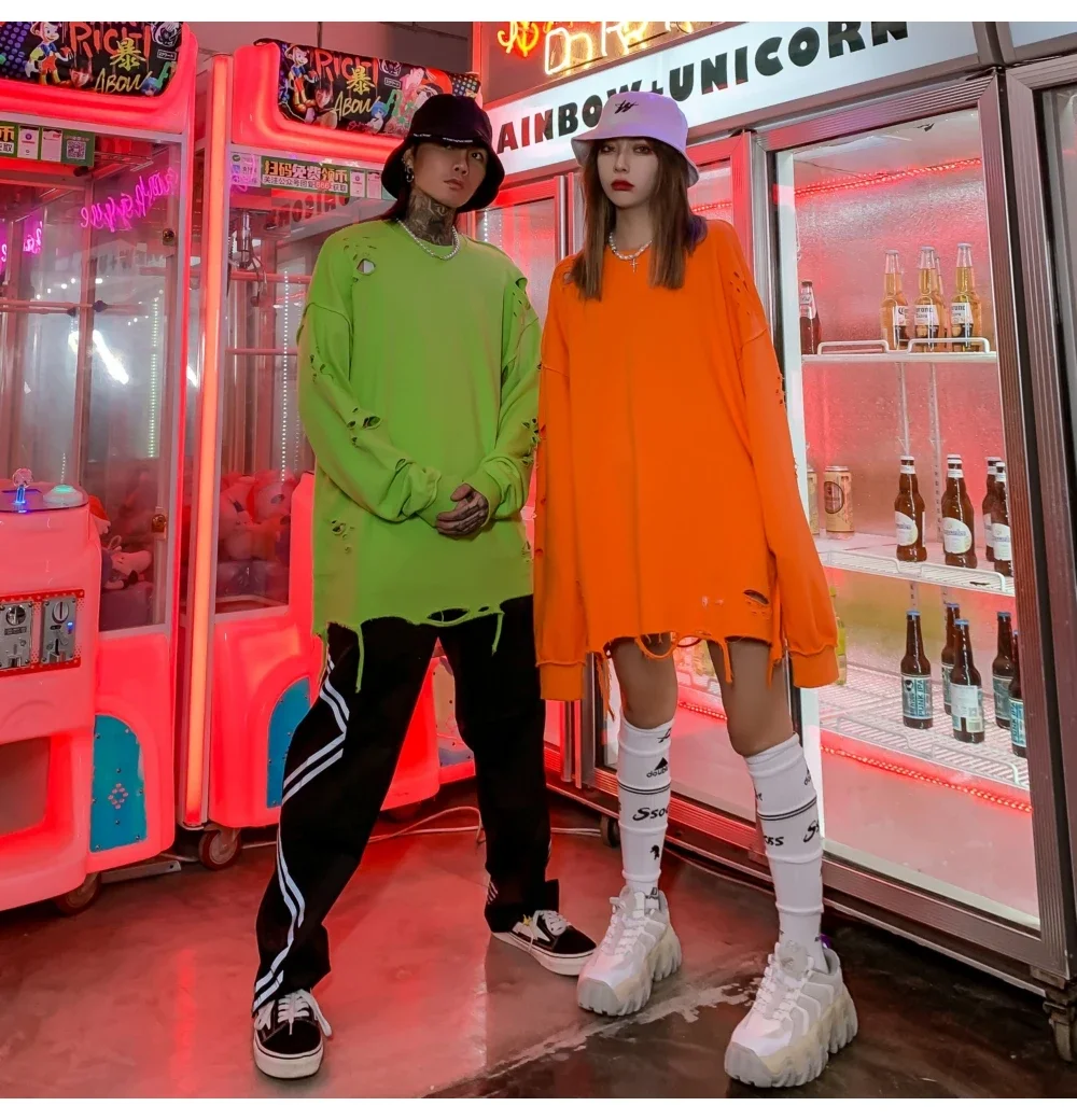 Camisolas rasgadas de manga comprida para homens e mulheres, pulôveres de ombro, streetwear com buracos rasgados, roupas grunge, sloth tops, primavera
