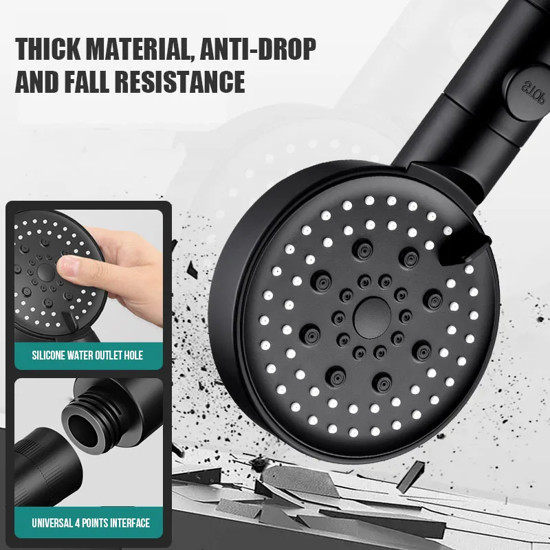 5 Modes Black Bath Shower Head Rainfall High Pressure Water Saving Adjustable Showerhead Holder Stop Button Bathroom Accessary 5