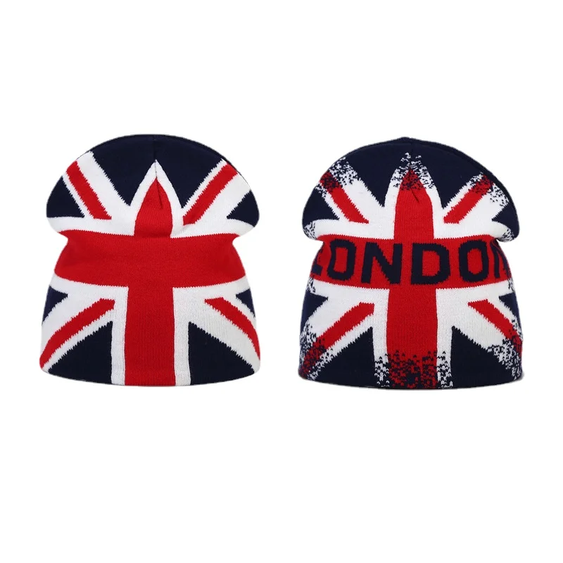 Mode UK Flagge Drucken Winter Mützen Hut Weibliche Radfahren Skifahren Motorhaube Herbst Im Freien Gestrickte Kappe Frauen Männer Warme Gorras Ohr Hüte