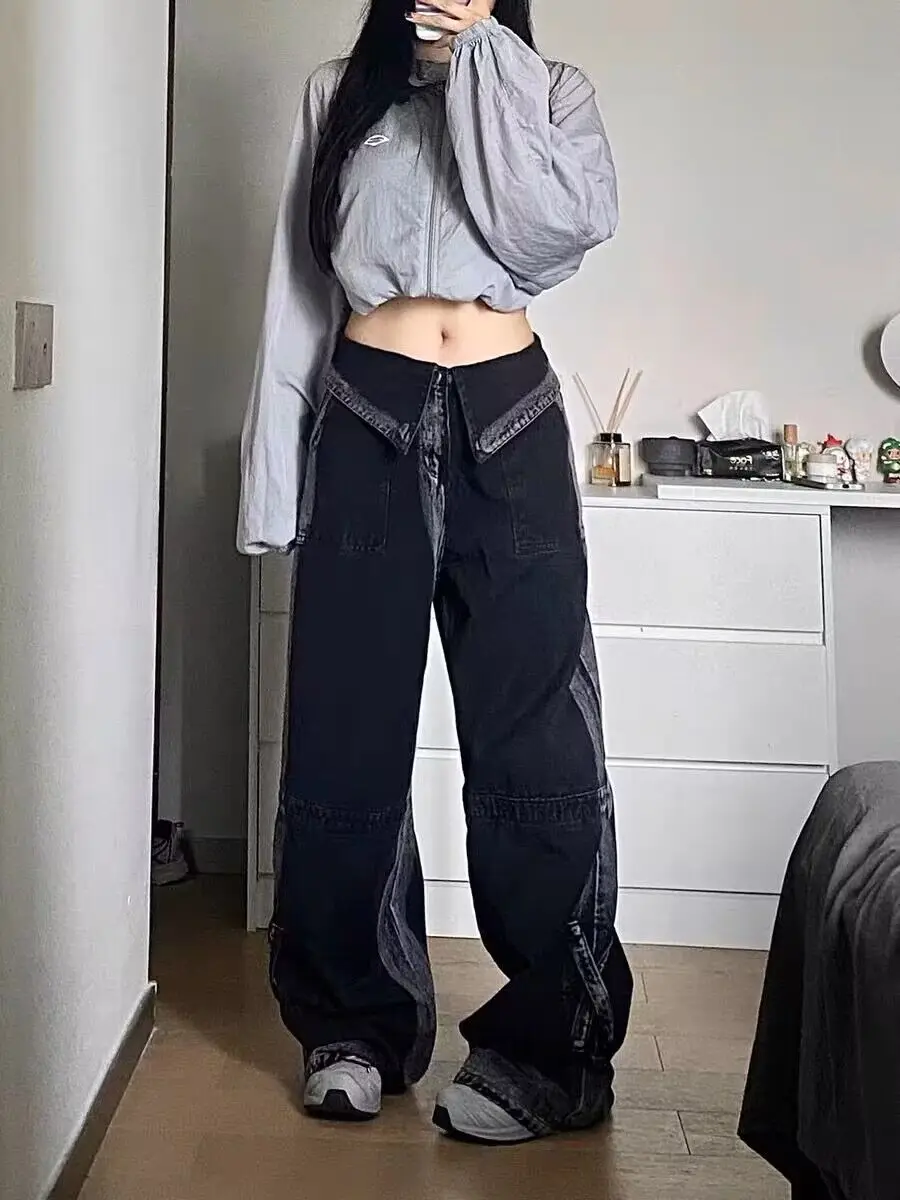 

Women Black Gothic Cargo Jeans Y2k Wide Leg Pants High Waist Gradient Korean Fashion Punk Denim Trousers Baggy Vintage Jeans
