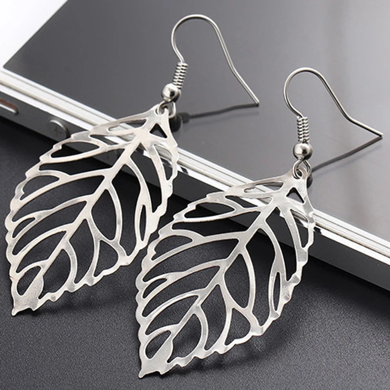 Hollow Out Leaf Drop Earrings for Women Trendy Metal Hook Earrings Vintage Golden Silver Color Dangle Brief Jewelry dangle earrings,drop earrings,long earrings,silver jewelry