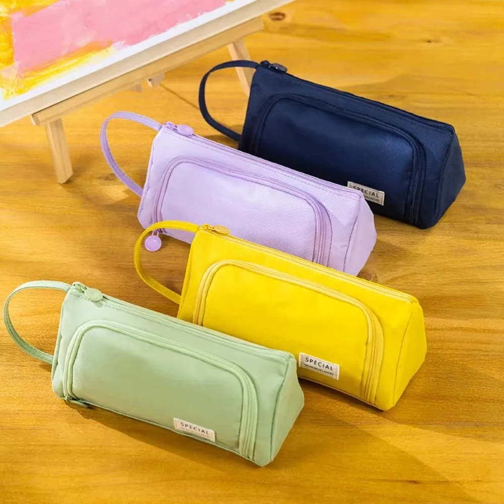 Astuccio portatile per matite, borsa porta matite multistrato in tinta unita, grande capacità con maniglia, scatola per penne, forniture per scuola e ufficio - immagine 4